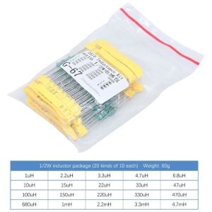 200 Adet Bobin Seti Direnç Tip 1uH / 4,7mH 1/2w 20 Farklı Değerde Şeffaf Poşette
