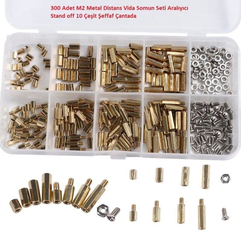 300 Adet M2 Metal Distans Vida Somun Seti Aralıyıcı Stand off 10 Çeşit Şeffaf Çantada