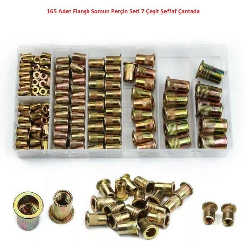 165 Adet Flanşlı Somun Perçin Seti 7 Çeşit Şeffaf Çantada