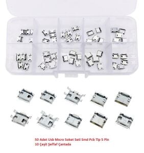 50 Adet Usb Mıcro Soket Seti Smd Pcb Tip 5 Pin 10 Çeşit Şeffaf Çantada