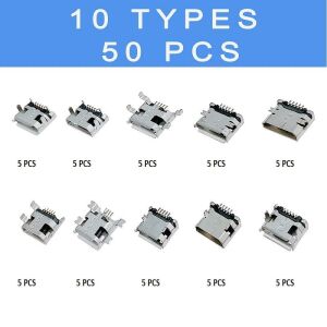 50 Adet Usb Mıcro Soket Seti Smd Pcb Tip 5 Pin 10 Çeşit Şeffaf Çantada