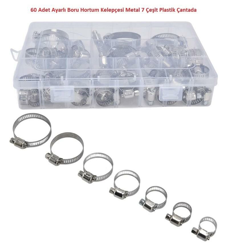 60 Adet Ayarlı Boru Hortum Kelepçesi Metal 7 Çeşit Plastik Çantada