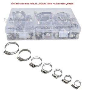 60 Adet Ayarlı Boru Hortum Kelepçesi Metal 7 Çeşit Plastik Çantada