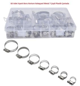 60 Adet Ayarlı Boru Hortum Kelepçesi Metal 7 Çeşit Plastik Çantada