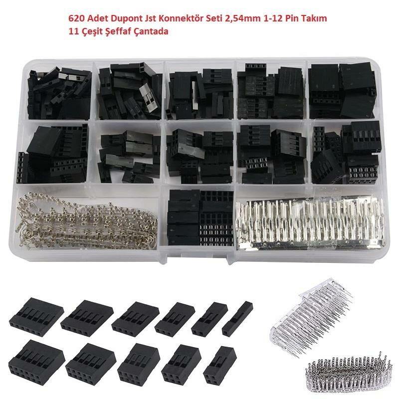 620 Adet Dupont Jst Konnektör Seti 2,54mm 1-12 Pin Takım 11 Çeşit Şeffaf Çantada