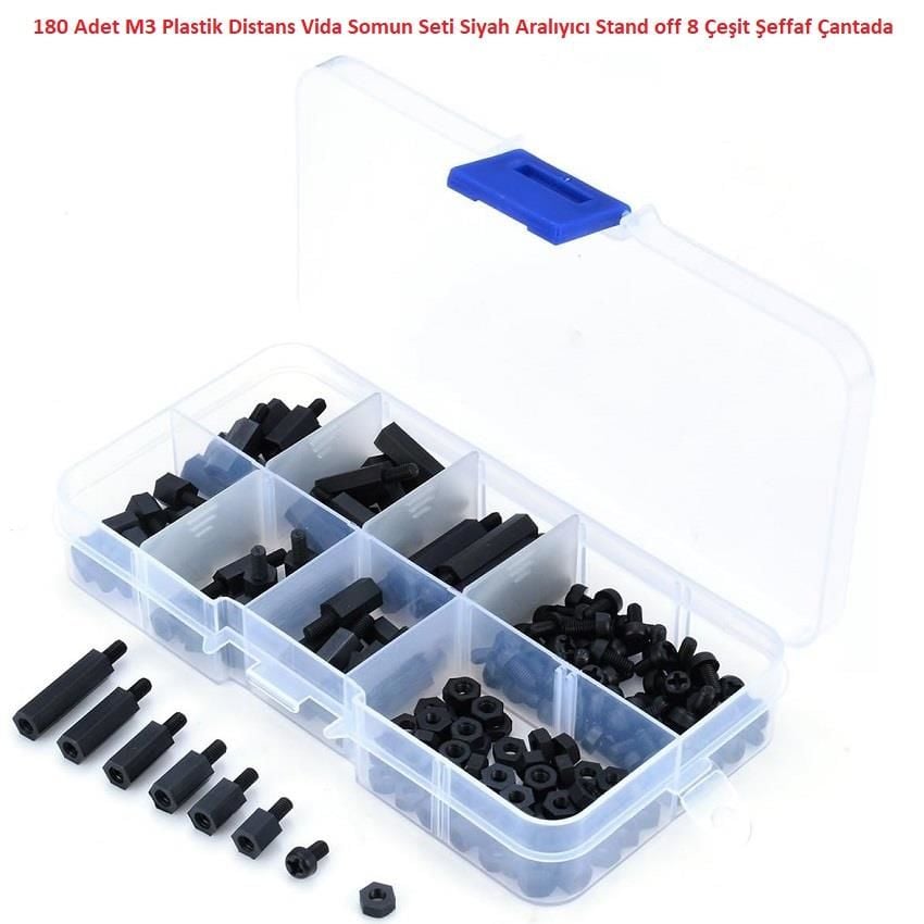 180 Adet M3 Plastik Distans Vida Somun Seti Siyah Aralıyıcı Stand off 8 Çeşit Şeffaf Çantada