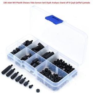 180 Adet M3 Plastik Distans Vida Somun Seti Siyah Aralıyıcı Stand off 8 Çeşit Şeffaf Çantada