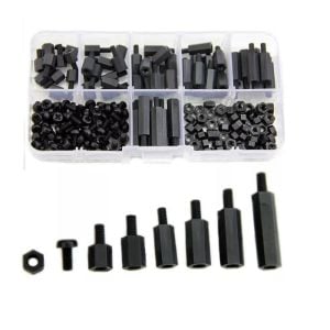 180 Adet M3 Plastik Distans Vida Somun Seti Siyah Aralıyıcı Stand off 8 Çeşit Şeffaf Çantada