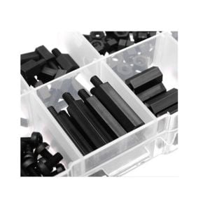 180 Adet M3 Plastik Distans Vida Somun Seti Siyah Aralıyıcı Stand off 8 Çeşit Şeffaf Çantada