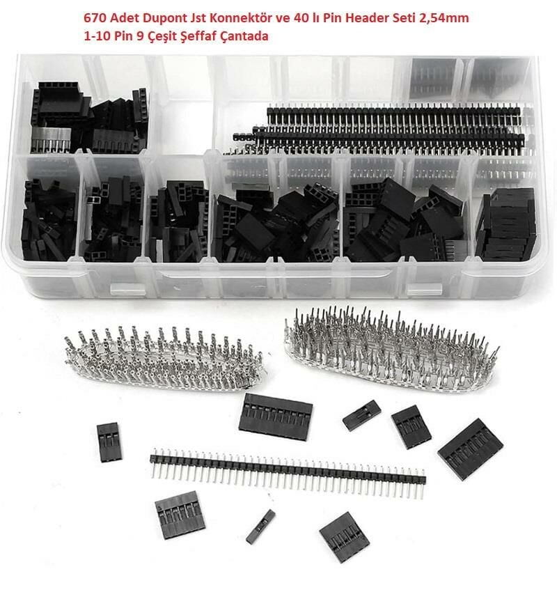 670 Adet Dupont Jst Konnektör ve 40 lı Pin Header Seti 2,54mm 1-10 Pin 9 Çeşit Şeffaf Çantada