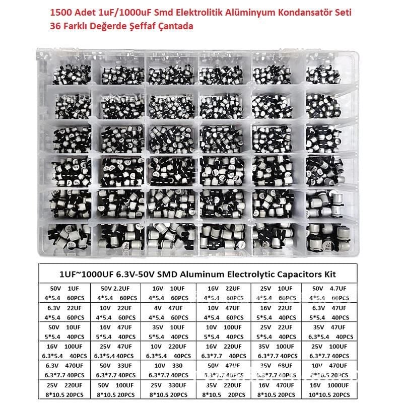 1500 Adet 1uF/1000uF Smd Elektrolitik Alüminyum Kondansatör Seti 36 Farklı Değerde Şeffaf Çantada