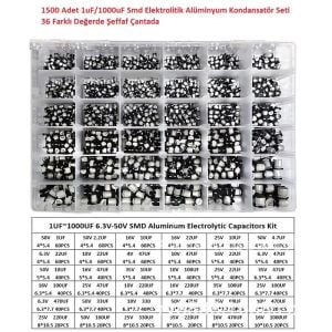 1500 Adet 1uF/1000uF Smd Elektrolitik Alüminyum Kondansatör Seti 36 Farklı Değerde Şeffaf Çantada