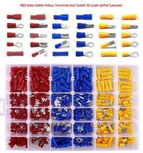 480 Adet Kablo Pabuç Terminal Seti İzoleli 30 Çeşit Şeffaf Çantada