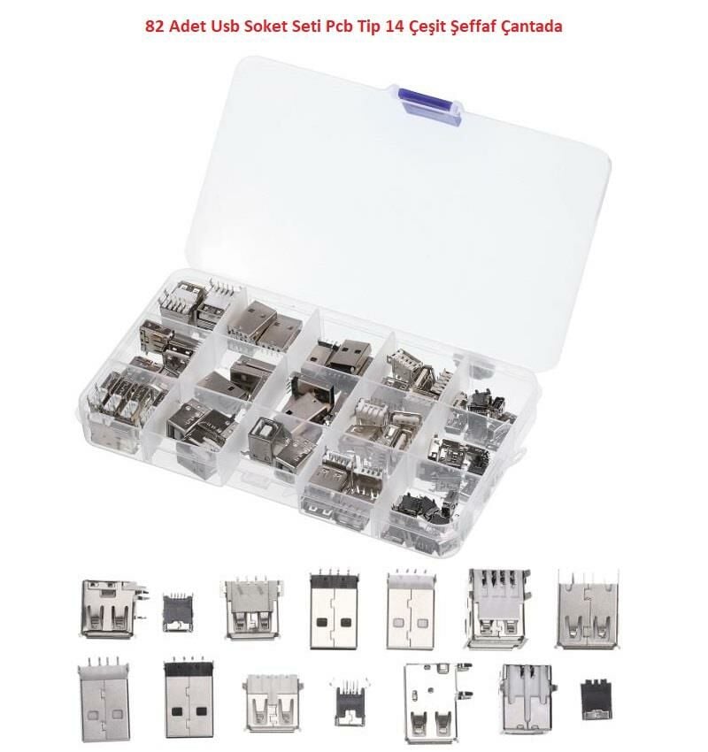 82 Adet Usb Soket Seti Pcb Tip 14 Çeşit Şeffaf Çantada