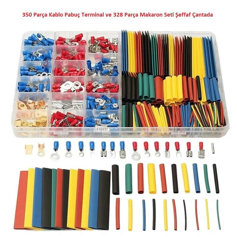350 Adet Kablo Pabuç Terminal ve 328 Parça Makaron Seti Şeffaf Çantada