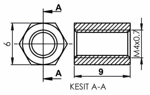 DİSTANS  METAL  AK-YP-4009  METRİK 4  9mm  DİŞİ - DİŞİ YÜKSELTEÇ