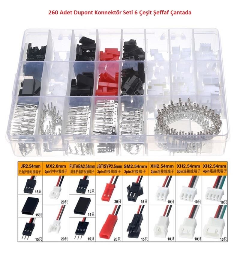 260 Adet Dupont Konnektör Seti 6 Çeşit Şeffaf Çantada