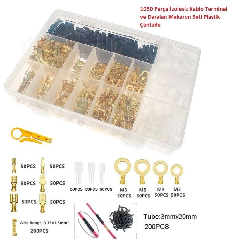 1050 Parça İzolesiz Kablo Terminal ve Daralan Makaron Seti Plastik Çantada