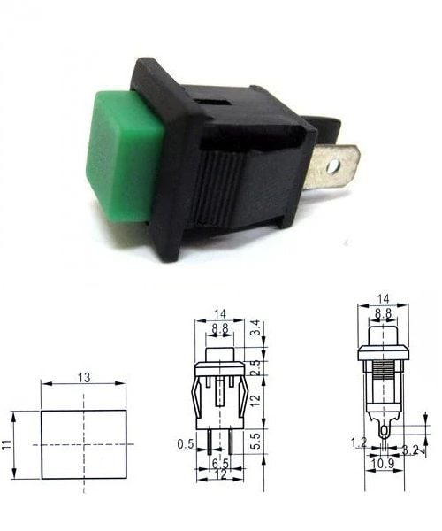 Buton Yeşil Kare Tırnaklı 2 Pim PBS-15B ( Yaylı Tip )