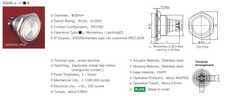 Onpow GQ30-11Z Anahtar 30mm Metal Işıksız Su Geçirmez  IP65