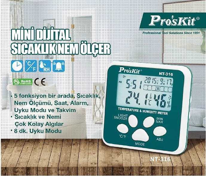 Proskit NT-316 Saat Alarm Termometre Isı Nem Ölçer -10/+50°  (KABLOSUZ)