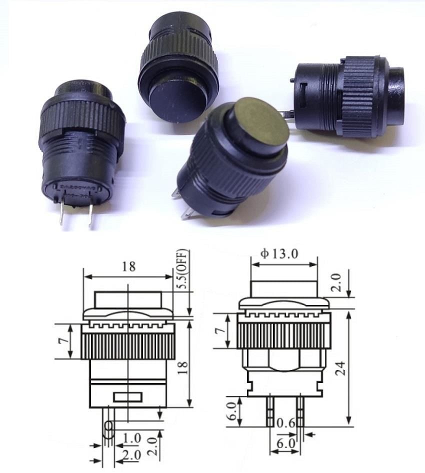 Anahtar Siyah Yuvarlak 16mm Ø R16-503A 2 Pim Işıksız ( Kalıcı Tip )