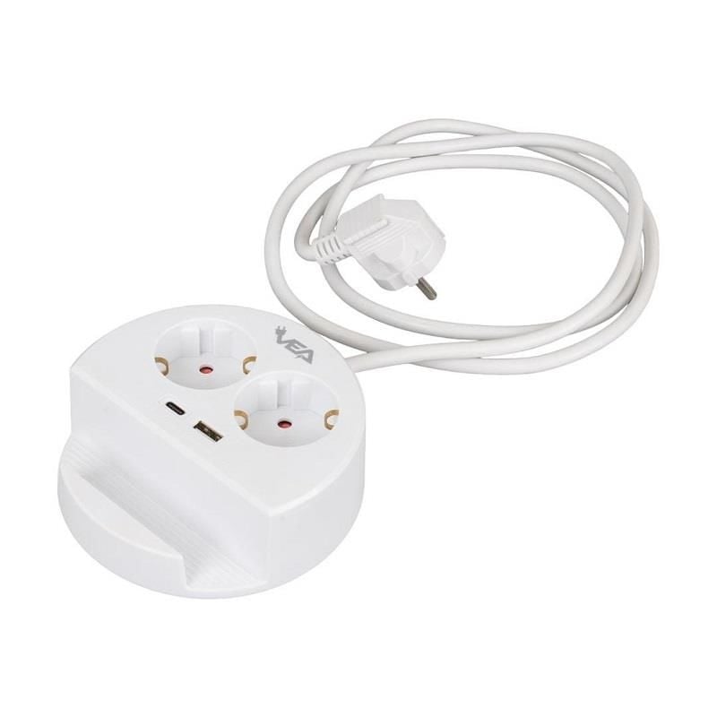 VEA VE-G1102C Yuvarlak Grup Priz 2'Lİ USB + TYPE-C Girişli Telefon Standlı 1.5 Metre