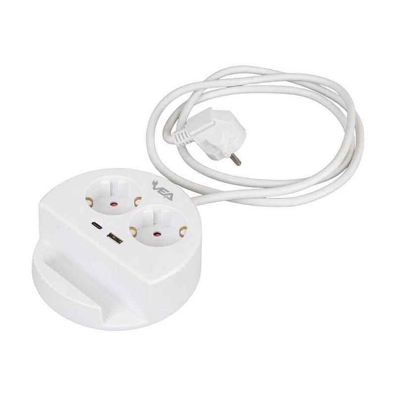 VEA VE-G1102C Yuvarlak Grup Priz 2'Lİ USB + TYPE-C Girişli Telefon Standlı 1.5 Metre