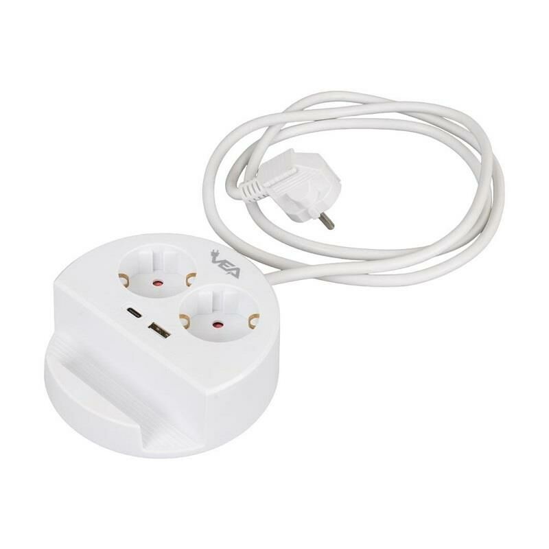 VEA VE-G1102C Yuvarlak Grup Priz 2'Lİ USB + TYPE-C Girişli Telefon Standlı 1.5 Metre