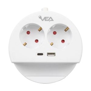 VEA VE-G1102C Yuvarlak Grup Priz 2'Lİ USB + TYPE-C Girişli Telefon Standlı 1.5 Metre