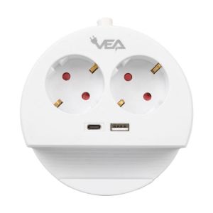 VEA VE-G1102C Yuvarlak Grup Priz 2'Lİ USB + TYPE-C Girişli Telefon Standlı 1.5 Metre