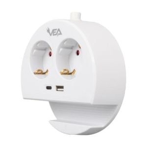 VEA VE-G1102C Yuvarlak Grup Priz 2'Lİ USB + TYPE-C Girişli Telefon Standlı 1.5 Metre