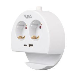 VEA VE-G1102C Yuvarlak Grup Priz 2'Lİ USB + TYPE-C Girişli Telefon Standlı 1.5 Metre