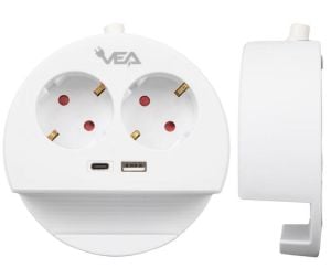 VEA VE-G1102C Yuvarlak Grup Priz 2'Lİ USB + TYPE-C Girişli Telefon Standlı 1.5 Metre