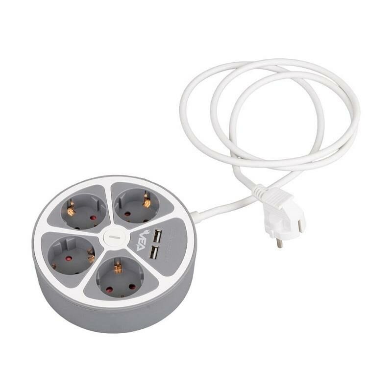 VEA VE-G604YU Yuvarlak Grup Priz 4'Lü 2 USB Girişli 1.5 Metre Anahtarlı