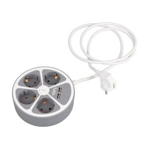 VEA VE-G604YU Yuvarlak Grup Priz 4'Lü 2 USB Girişli 1.5 Metre Anahtarlı