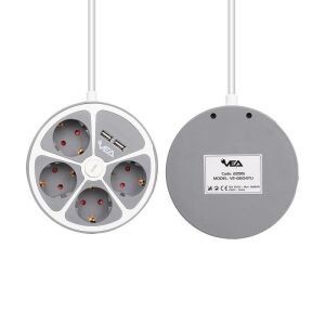 VEA VE-G604YU Yuvarlak Grup Priz 4'Lü 2 USB Girişli 1.5 Metre Anahtarlı