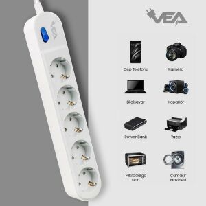 VEA VE-VEGA105 A Class Beyaz Akım Korumalı Grup Priz 5'Li 1.5 Metre Anahtarlı (Made in Malaysia)