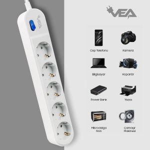 VEA VE-VEGA105 A Class Beyaz Akım Korumalı Grup Priz 5'Li 1.5 Metre Anahtarlı (Made in Malaysia)