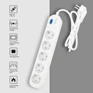 VEA VE-VEGA105 A Class Beyaz Akım Korumalı Grup Priz 5'Li 1.5 Metre Anahtarlı (Made in Malaysia)