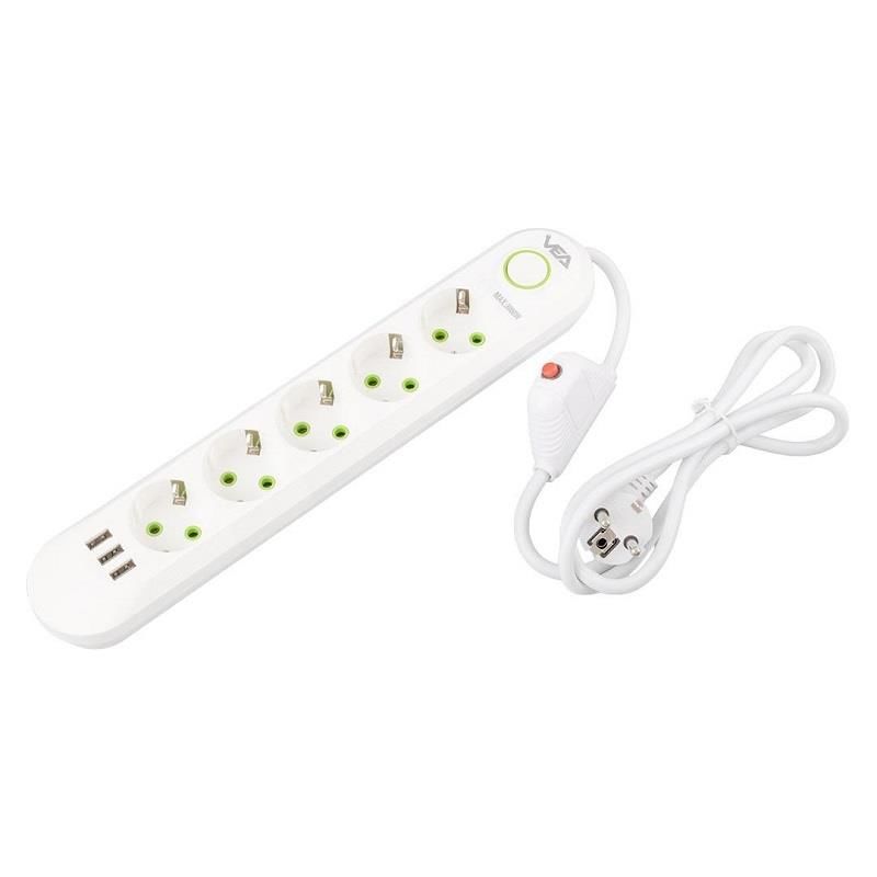 VEA VA-21562 Beyaz Akım Korumalı Grup Priz 5'Li 3 USB Girişli 1.5 Metre Anahtarlı