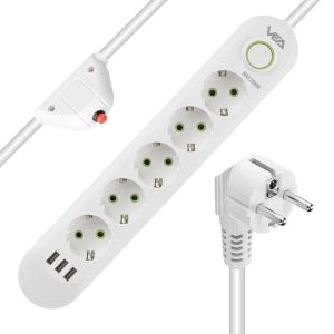 VEA VA-21562 Beyaz Akım Korumalı Grup Priz 5'Li 3 USB Girişli 1.5 Metre Anahtarlı
