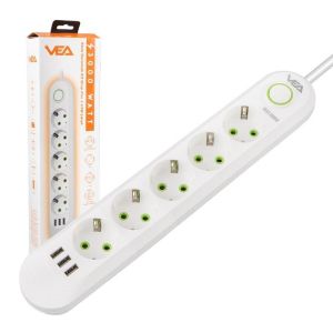 VEA VA-21562 Beyaz Akım Korumalı Grup Priz 5'Li 3 USB Girişli 1.5 Metre Anahtarlı