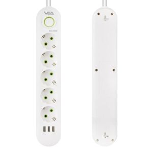 VEA VA-21562 Beyaz Akım Korumalı Grup Priz 5'Li 3 USB Girişli 1.5 Metre Anahtarlı