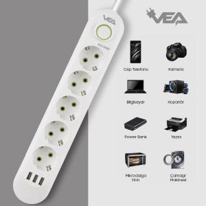 VEA VA-21562 Beyaz Akım Korumalı Grup Priz 5'Li 3 USB Girişli 1.5 Metre Anahtarlı