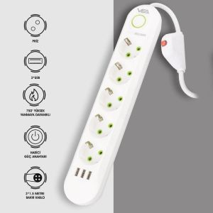 VEA VA-21562 Beyaz Akım Korumalı Grup Priz 5'Li 3 USB Girişli 1.5 Metre Anahtarlı