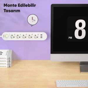 VEA VA-21562 Beyaz Akım Korumalı Grup Priz 5'Li 3 USB Girişli 1.5 Metre Anahtarlı