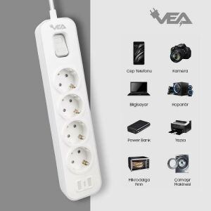 VEA VE-NOVA104 A Class Gri Akım Korumalı Grup Priz 4'Lü 1.5 Metre Anahtarlı (Made in Malaysia)