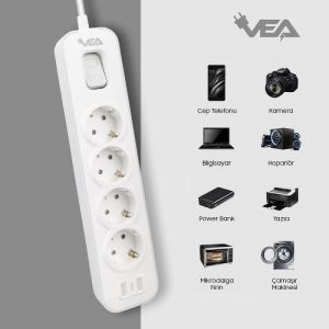 VEA VE-NOVA104 A Class Gri Akım Korumalı Grup Priz 4'Lü 1.5 Metre Anahtarlı (Made in Malaysia)