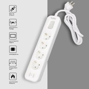 VEA VE-NOVA104 A Class Gri Akım Korumalı Grup Priz 4'Lü 1.5 Metre Anahtarlı (Made in Malaysia)